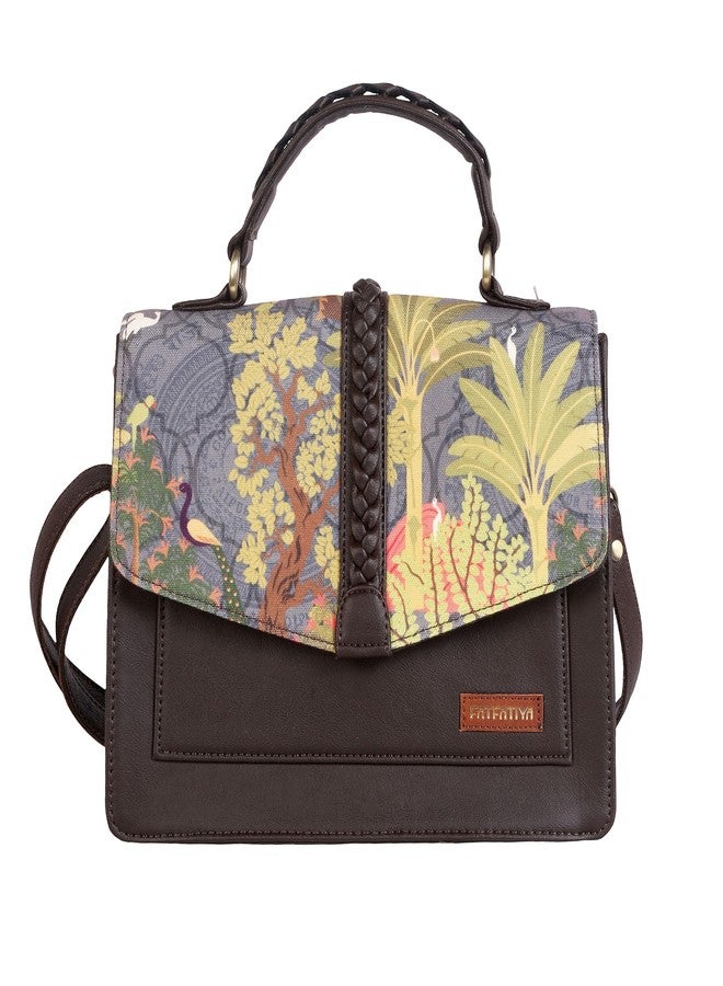 Fatfatiya Tropical Garden Print Satchel Bag - Vegan Leather Structured Handbag with Detachable Sling Strap for Office, College & Travel - Image 1