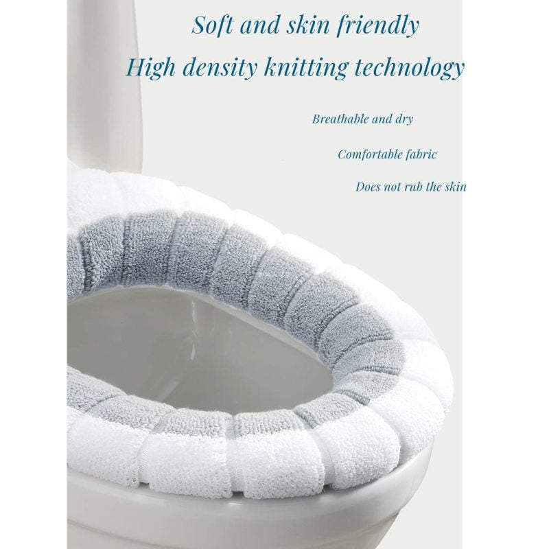Toilet Seat Cover Gray-White: Antibacterial Fleece Material - Soft Warm Plush Texture - Stretchable Snug Fit for Standard O-Shaped Square Toilet Seats, Bathroom Hygiene - Image 4