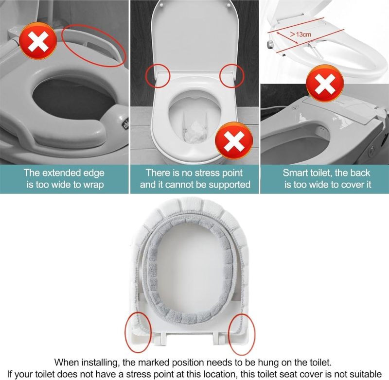 Toilet Seat Cover Gray-White: Antibacterial Fleece Material - Soft Warm Plush Texture - Stretchable Snug Fit for Standard O-Shaped Square Toilet Seats, Bathroom Hygiene - Image 2