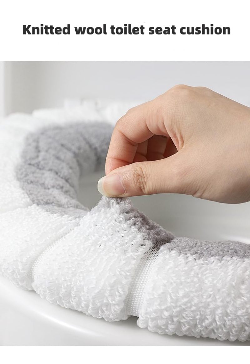 Toilet Seat Cover Gray-White: Antibacterial Fleece Material - Soft Warm Plush Texture - Stretchable Snug Fit for Standard O-Shaped Square Toilet Seats, Bathroom Hygiene - Image 5