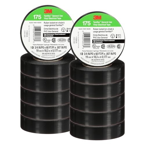3M Temflex Vinyl Electrical Tape 175, Flame Retardant, Pressure-Sensitive Adhesive, Electrical and Mechanical Protection, Black, 7 mil, 3/4 in x 60 ft, 10 Rolls - Image 1