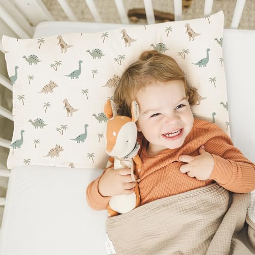 Konssy Muslin Toddler Pillowcase for 13x18 Pillow 2 Pack, 100% Cotton Toddler Pillow Case Cover, Soft & Breathable Travel Babay Kids Pillow Covers with Envelope Closure（Dino Jungle,Sage Dino） - Image 5