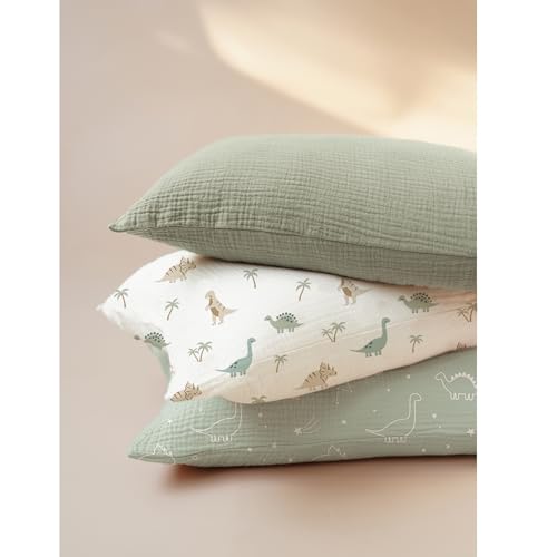 Konssy Muslin Toddler Pillowcase for 13x18 Pillow 2 Pack, 100% Cotton Toddler Pillow Case Cover, Soft & Breathable Travel Babay Kids Pillow Covers with Envelope Closure（Dino Jungle,Sage Dino） - Image 3