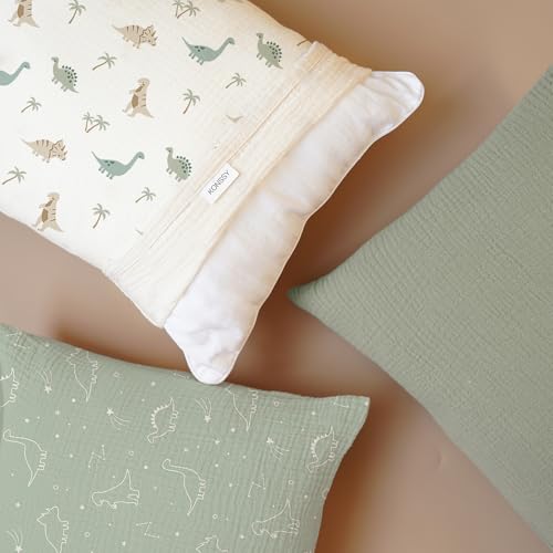 Konssy Muslin Toddler Pillowcase for 13x18 Pillow 2 Pack, 100% Cotton Toddler Pillow Case Cover, Soft & Breathable Travel Babay Kids Pillow Covers with Envelope Closure（Dino Jungle,Sage Dino） - Image 4