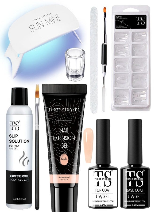 THR3E STROKES Poly Nail Gel Extension Kit,10 IN 1 UV Nail Lamp, Builder Gel, Slip Solution, Clear polygel, Ge-l Brush, Spatchula, Dappen dish, 60ML Slip solution, Top Coat Base Coat , Tips Nail Art Kit (10 IN 1 KIT) (NUDE, 10 IN 1 KIT) - Image 1