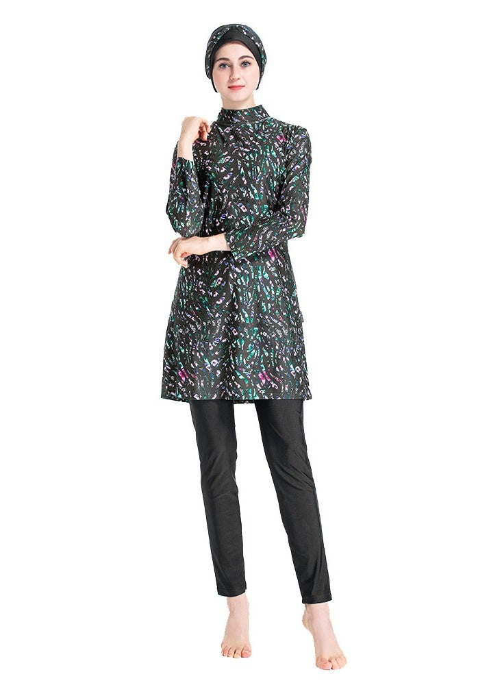 Loquat 3 Piece Conservative Women's Plus-Size Print Patchwork Pants Top Hat Swimsuit Black  - Image 1