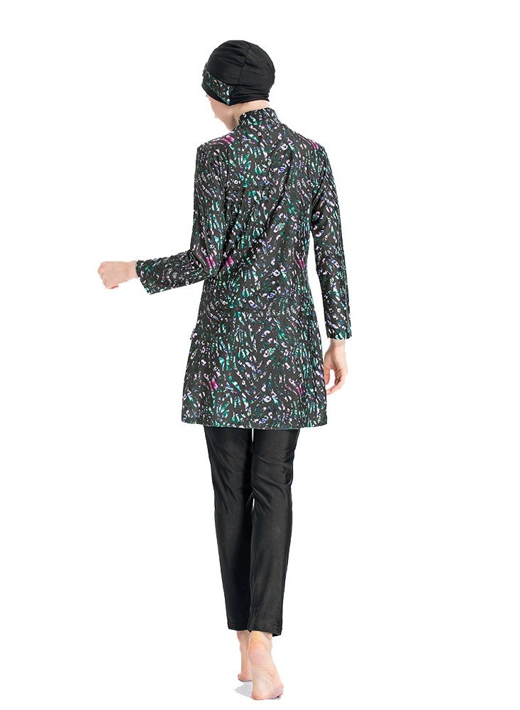 Loquat 3 Piece Conservative Women's Plus-Size Print Patchwork Pants Top Hat Swimsuit Black  - Image 3