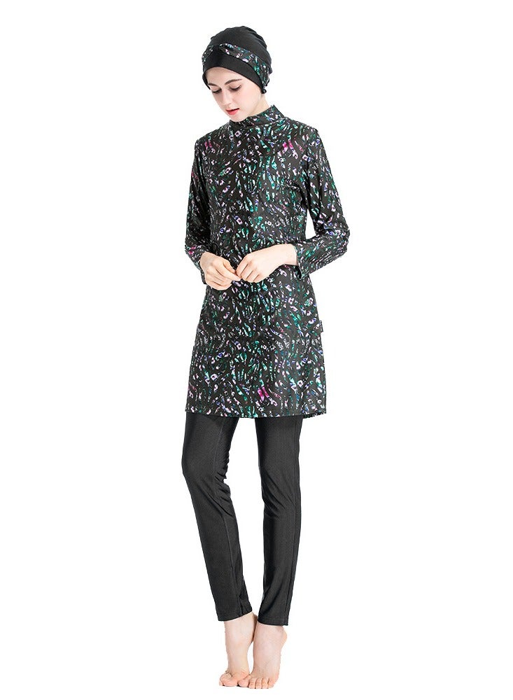 Loquat 3 Piece Conservative Women's Plus-Size Print Patchwork Pants Top Hat Swimsuit Black  - Image 2