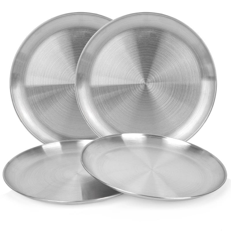 JXHAPY Reusable Brushed Metal Dinner Plates-Stainless Steel Round Plates Dinner Plate Dish Heavy Duty Kitchenware Round Metal Plates | Dishwasher Safe |Use for BBQ Steak (10 Inch 4 Pack) - Image 1