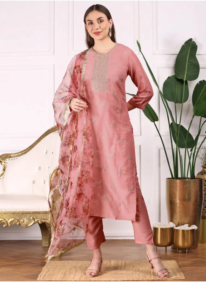 ISHIN Straight Fit Embroidered Pattern Round Neck Three-Quarter Sleeves PINK Colour Woven Cotton Kurta Set for Women with Semi Elastic Closure - Perfect for your Festive Celebrations