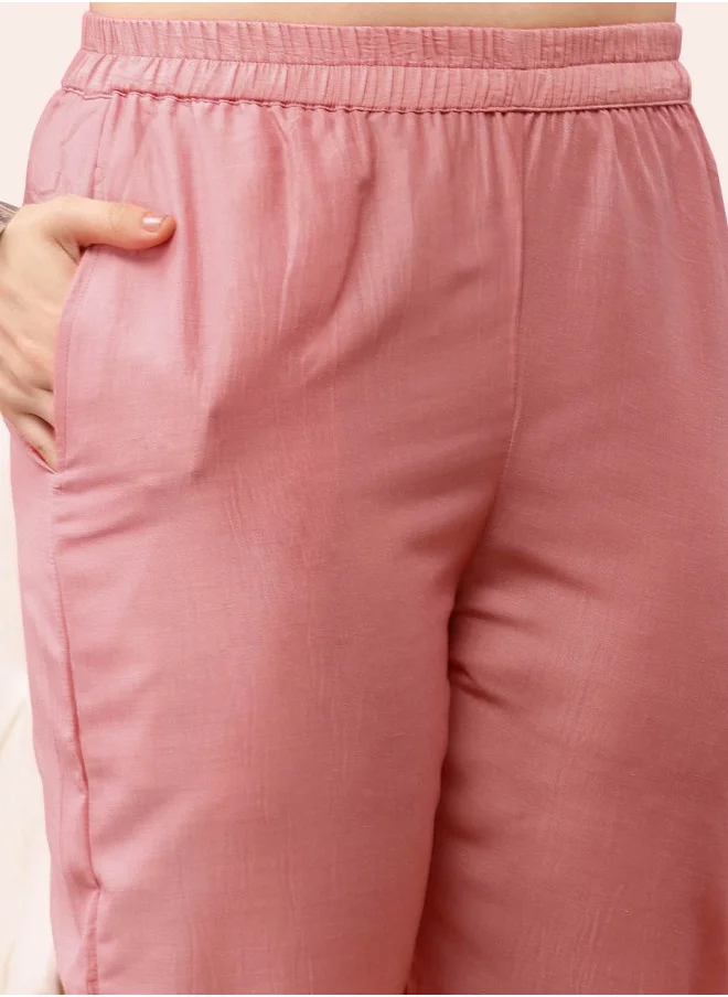 ISHIN Straight Fit Embroidered Pattern Round Neck Three-Quarter Sleeves PINK Colour Woven Cotton Kurta Set for Women with Semi Elastic Closure - Perfect for your Festive Celebrations