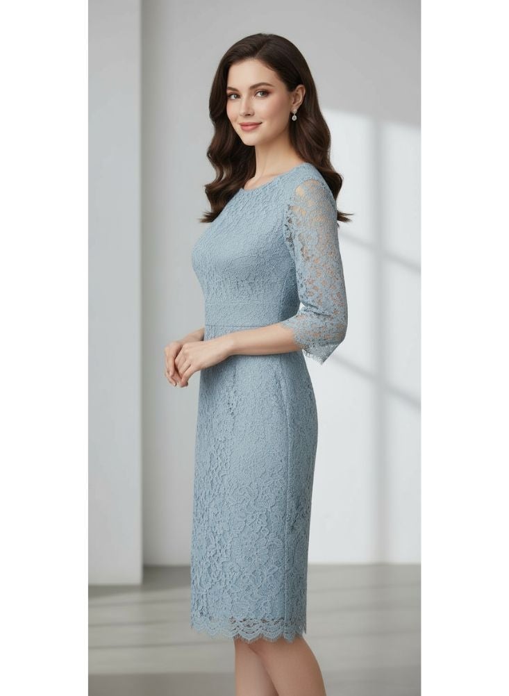 Premium Light Blue Lace Midi Dress – Elegant 3/4 Sleeve Cocktail Dress for Formal Occasions - Image 2
