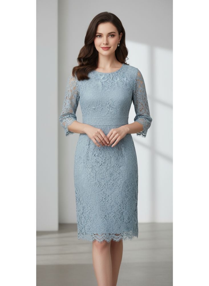 Premium Light Blue Lace Midi Dress – Elegant 3/4 Sleeve Cocktail Dress for Formal Occasions - Image 1