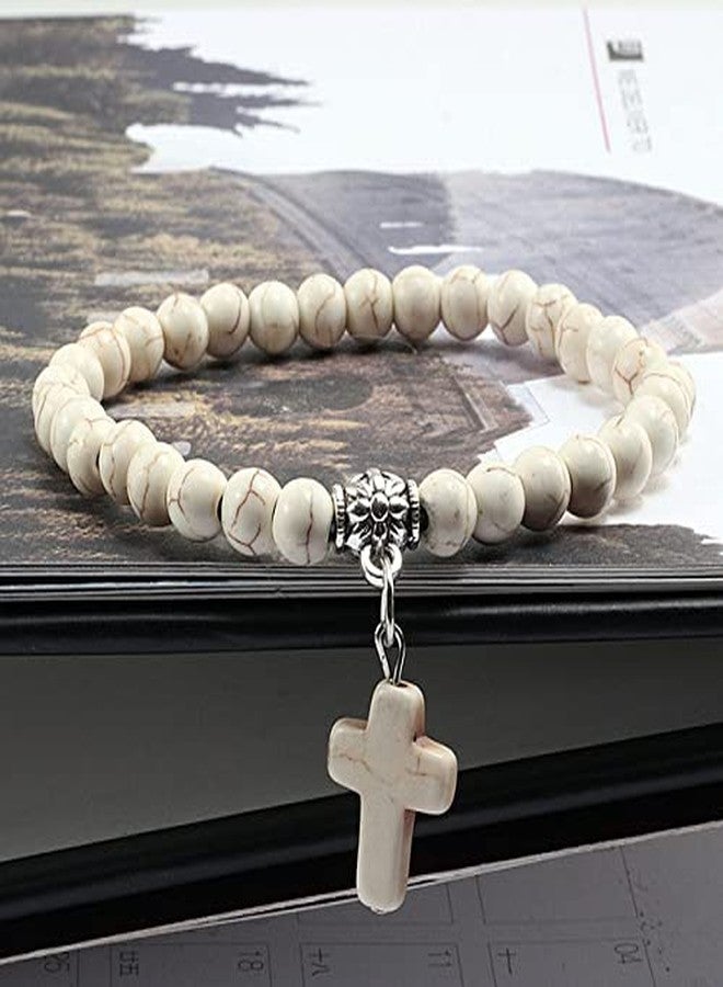 Softones 6mm Bead Cross Pendant Bracelet for Women Healing Stone Stretch Prayer Bracelet for Women,with Gift Box - Image 4