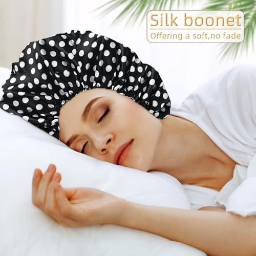 Edoneery Satin Bonnet Silk Bonnet Hair Bonnet for SleepingSlouchy Beanie Hat Satin Sleep Cap for Womens Natural Curly HairDots - Image 3