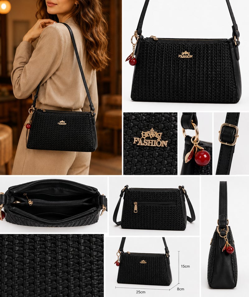 Kanaz-Women's Woven Crossbody Shoulder Bag with Adjustable Strap and Zip Closure - Image 3