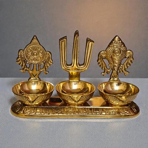 RAISOM Brass Shankha Chakra Balaji Tilak 3 Deep Diya | Premium Oil Lamp for Pooja, Home and Office Temple | Housewarming Gift, Diwali Puja and Festive Gifting | Height:3.6 in Weight: 380g - Image 5