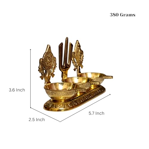 RAISOM Brass Shankha Chakra Balaji Tilak 3 Deep Diya | Premium Oil Lamp for Pooja, Home and Office Temple | Housewarming Gift, Diwali Puja and Festive Gifting | Height:3.6 in Weight: 380g - Image 2