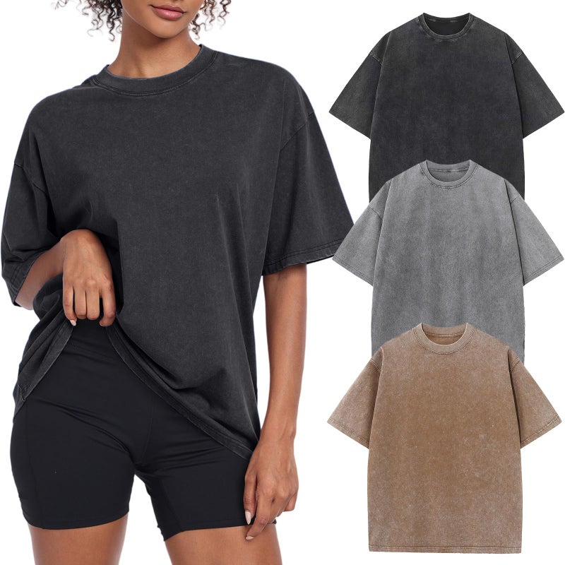 KEEPSHOWING Womens Vintage Oversized T Shirts Acid Washed Baggy Cotton Tee Casual Workout Boyfriend Short Sleeve Tops(Coffee/Grey/Black L) - Image 1
