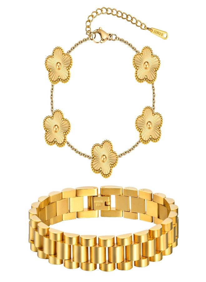 MPRAINBOW مجموعة أساور زهرية ذهبية قابلة للتكديس، 2 قطعة أساور مطلية بالذهب عيار 18، غير قابلة للتأكسد، سلسلة روابط من الفولاذ المقاوم للصدأ، أساور صداقة، سوار ساعة، مجوهرات عصرية، هدايا عيد الميلاد، عيد الحب، أعياد الميلاد للنساء - Image 1