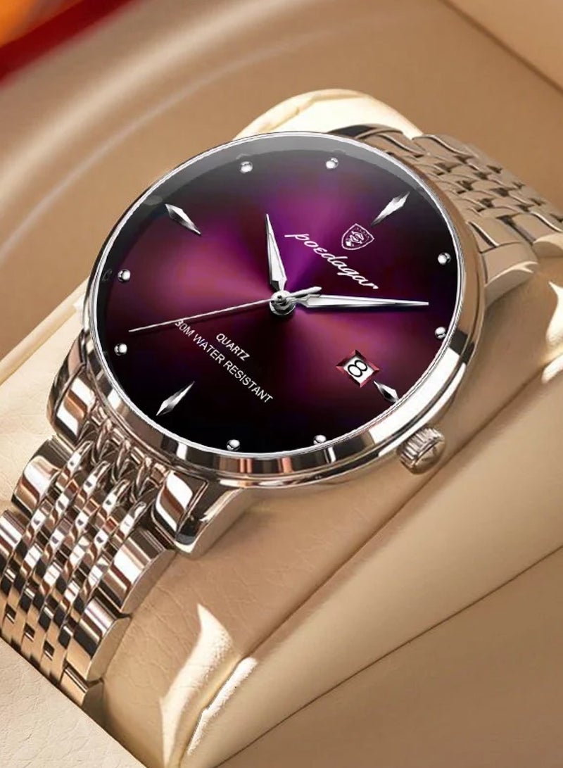 POEDAGAR ساعة كوارتز رجالية أنالوج بسوار من الفولاذ المقاوم للصدأ باللون الفضي مقاس 42 مم - Image 2