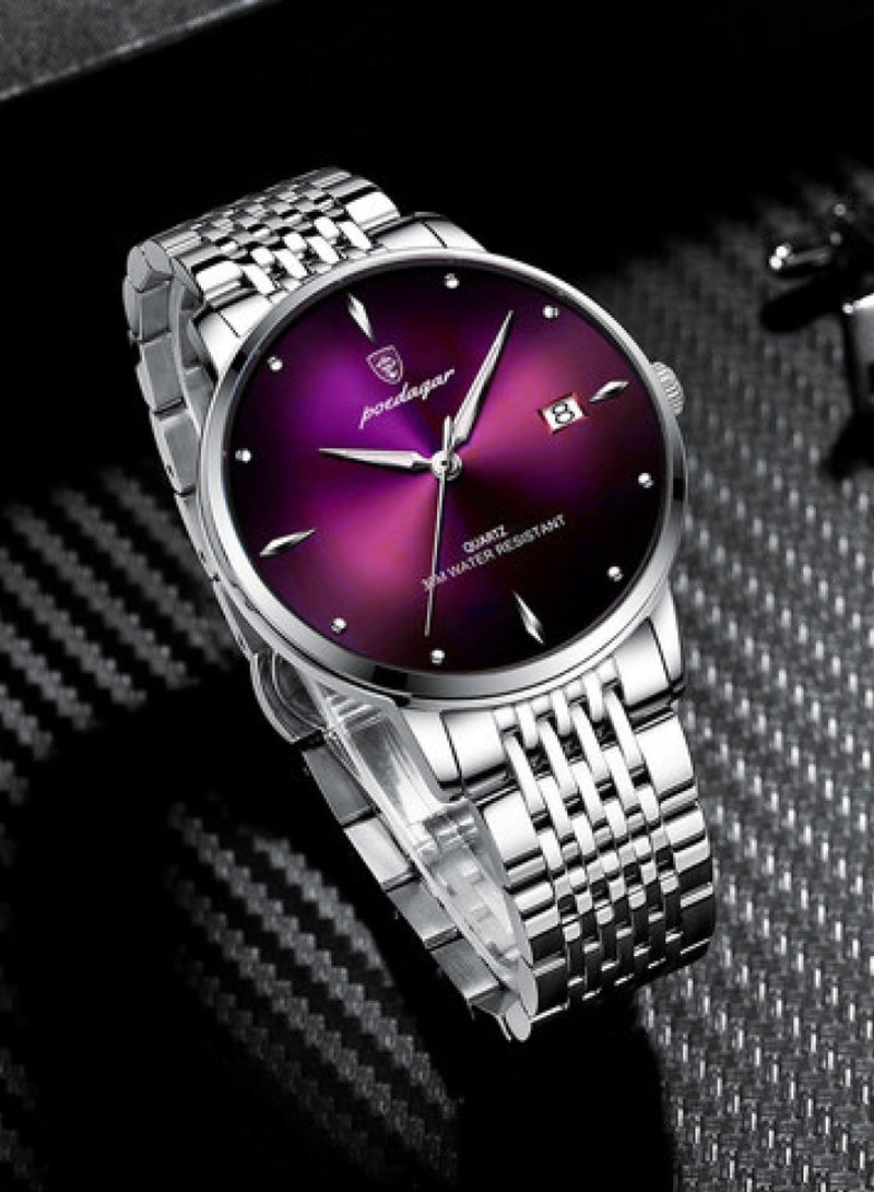 POEDAGAR ساعة كوارتز رجالية أنالوج بسوار من الفولاذ المقاوم للصدأ باللون الفضي مقاس 42 مم - Image 4