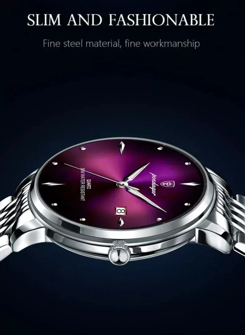 POEDAGAR ساعة كوارتز رجالية أنالوج بسوار من الفولاذ المقاوم للصدأ باللون الفضي مقاس 42 مم - Image 3