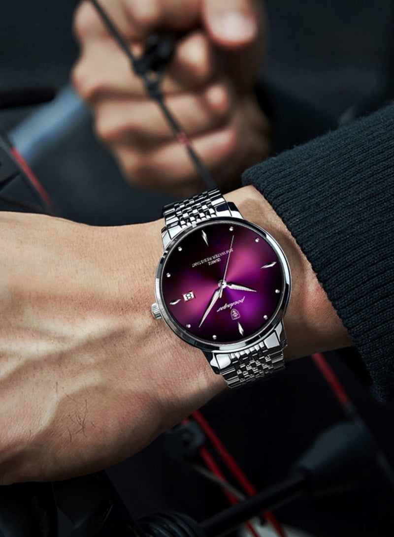 POEDAGAR ساعة كوارتز رجالية أنالوج بسوار من الفولاذ المقاوم للصدأ باللون الفضي مقاس 42 مم - Image 5