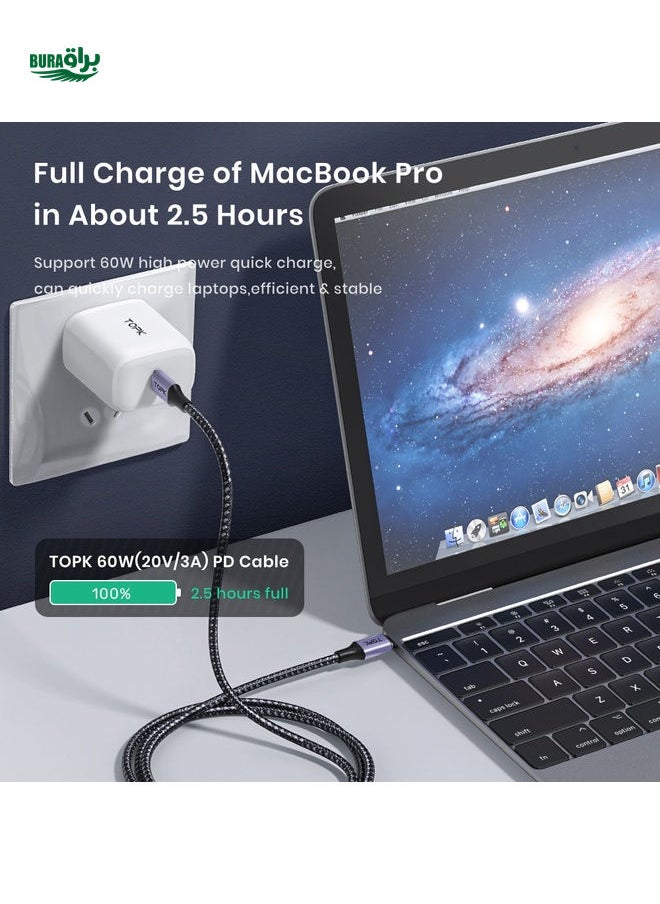 BURAQ - Topk Ad10 C To C 60w Pd Fast Charging & Data Transfer Cable,multi-functional Usb To Type-c Adapter Charging Cable For Mobile Phones - Image 1