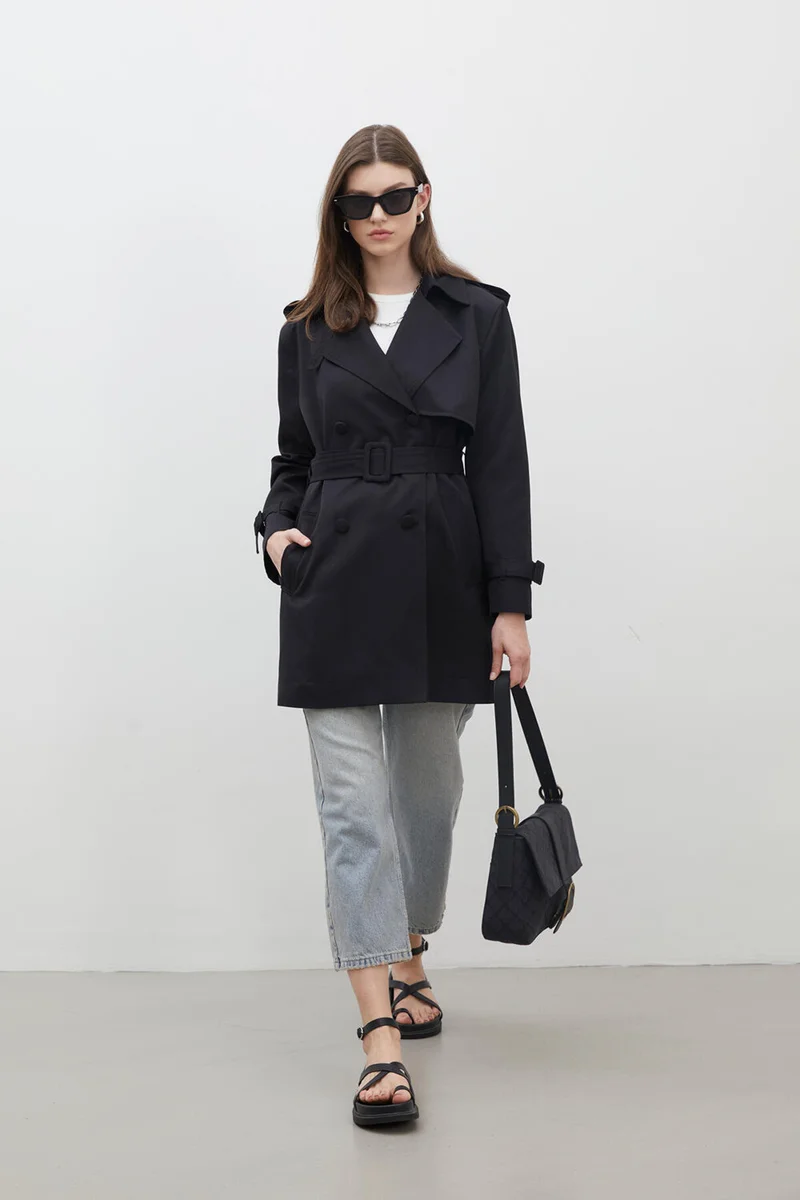 Manuka Chelsea Double Breasted Trench Coat Black