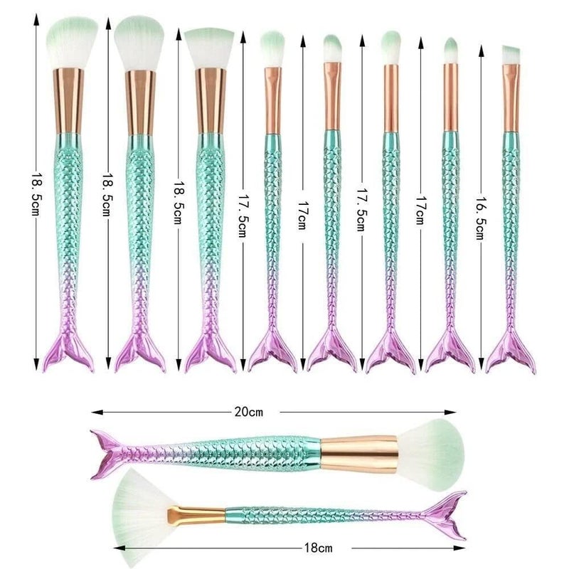 ZIPRON 10Piece Mermaid Makeup Brush Set Soft Nylon Bristle Beauty Brushes Kit with Fish Design for Foundation Blush Concealer Blending Lash Grooming - Image 3
