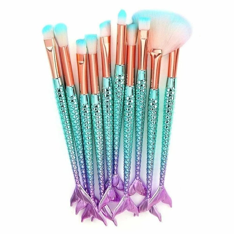 ZIPRON 10Piece Mermaid Makeup Brush Set Soft Nylon Bristle Beauty Brushes Kit with Fish Design for Foundation Blush Concealer Blending Lash Grooming - Image 1