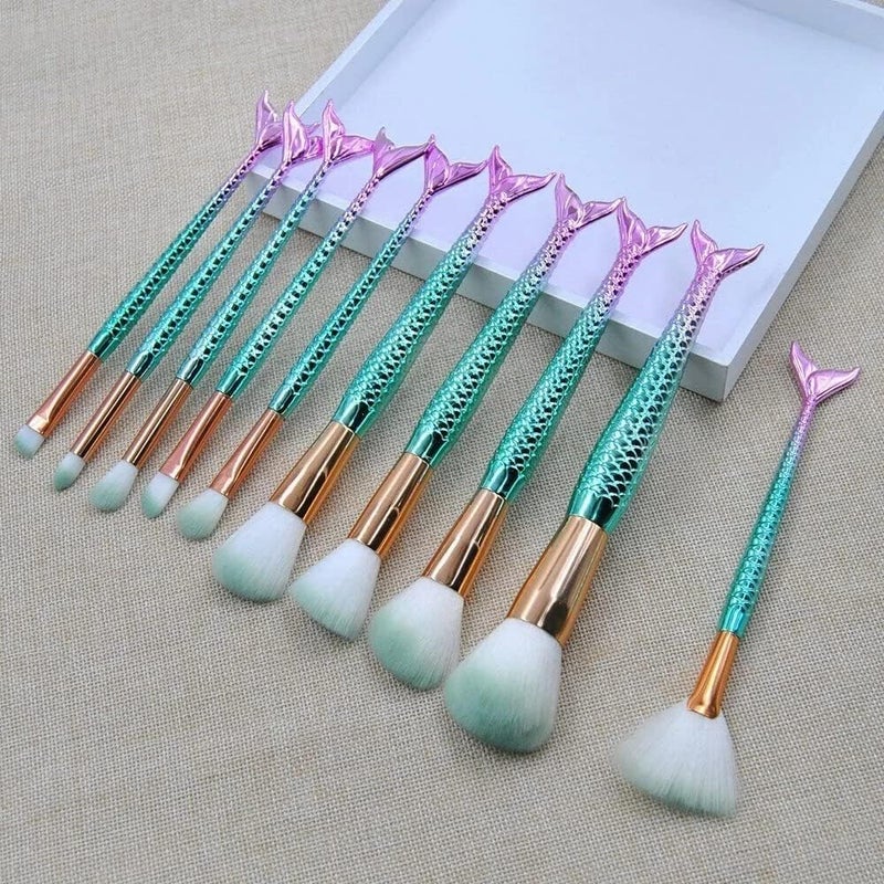 ZIPRON 10Piece Mermaid Makeup Brush Set Soft Nylon Bristle Beauty Brushes Kit with Fish Design for Foundation Blush Concealer Blending Lash Grooming - Image 5