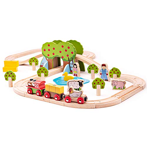 Bigjigs Rail Farm Animals Wooden Train Set 44 Piece Train Set Wooden Track Engine and Carriages Farm Toys for 3 Year Olds - Image 1