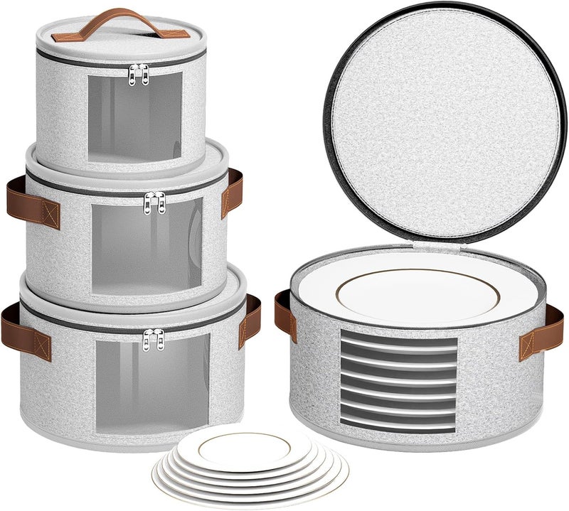 Foyego 4 Piece China Storage Containers, Dish Storage Containers with Clear Windows, Hard Shell Plate Organizer with Handles, Stackable Moving Boxes for Dishes, Glassware, Dinnerware, Plates, Light Gray - Image 1
