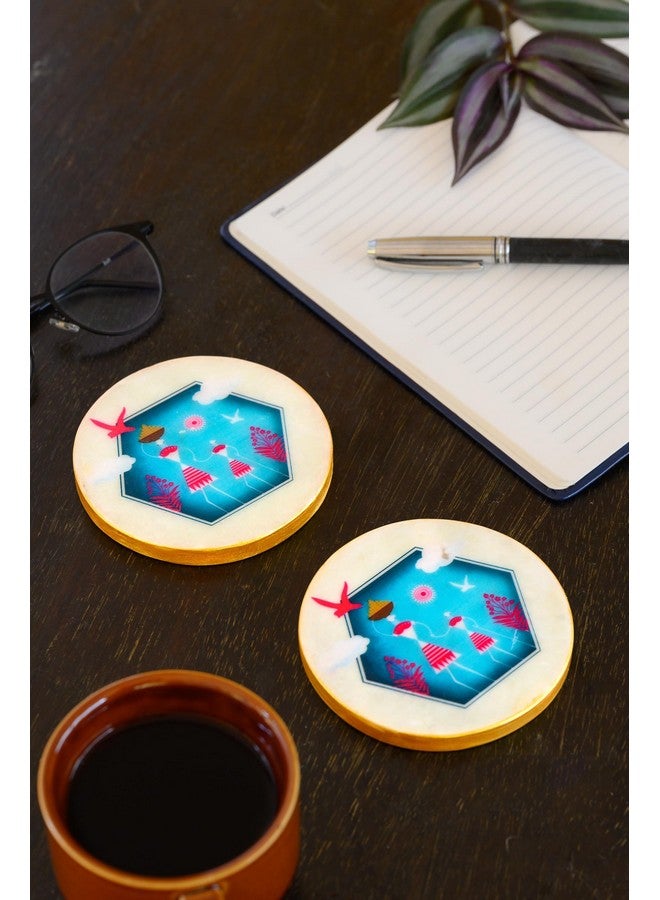 D'ORABLE Dorable Marble Tea Coasters for Dining Table - Set of 2. Round Tea Coasters for Housewarming Gift. A Seashell’s Skyward Journey(Blue) Design Marble Coasters in an Attractive Box. Perfect for Gift. - Image 2