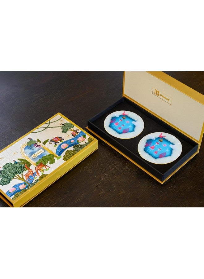 D'ORABLE Dorable Marble Tea Coasters for Dining Table - Set of 2. Round Tea Coasters for Housewarming Gift. A Seashell’s Skyward Journey(Blue) Design Marble Coasters in an Attractive Box. Perfect for Gift. - Image 1