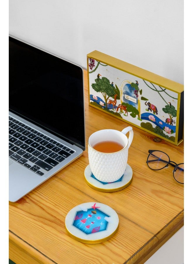 D'ORABLE Dorable Marble Tea Coasters for Dining Table - Set of 2. Round Tea Coasters for Housewarming Gift. A Seashell’s Skyward Journey(Blue) Design Marble Coasters in an Attractive Box. Perfect for Gift. - Image 3