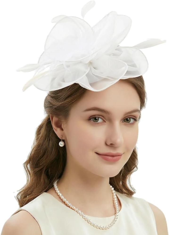 DRESHOW Fascinators Hat Flower Mesh Ribbons Feathers on a Headband and a Clip Tea Party Headwear for Girls and Women - Image 1