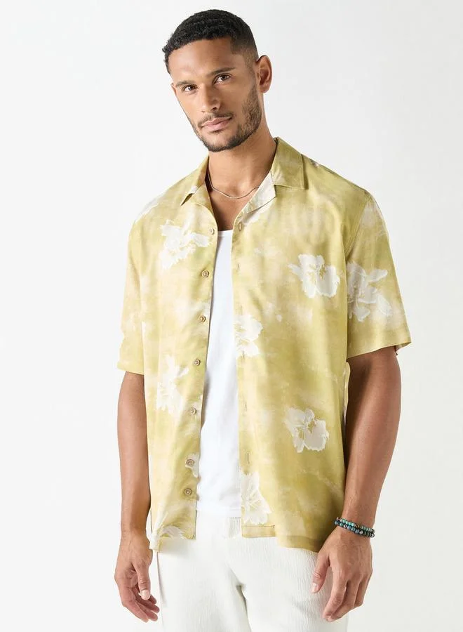 Iconic Iconic All-Over Print Shirt with Camp Collar and Short Sleeves