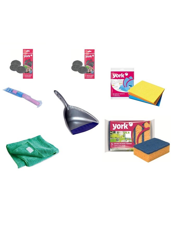 YORK Kharata Broom + Sponge Wipes 3 Pcs + Kitchen Scouring Sponge Premium 5 Pcs + Dust Pan + Steel Mesh Scrubber Mega 2 Pc + Microfiber Floor Cloth Power Collect  - Image 1