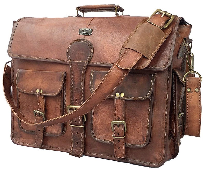 Retro Brown 20 Inch Buffalo Hunter Leather Laptop Messenger Bag Office Briefcase Crossbody messenger