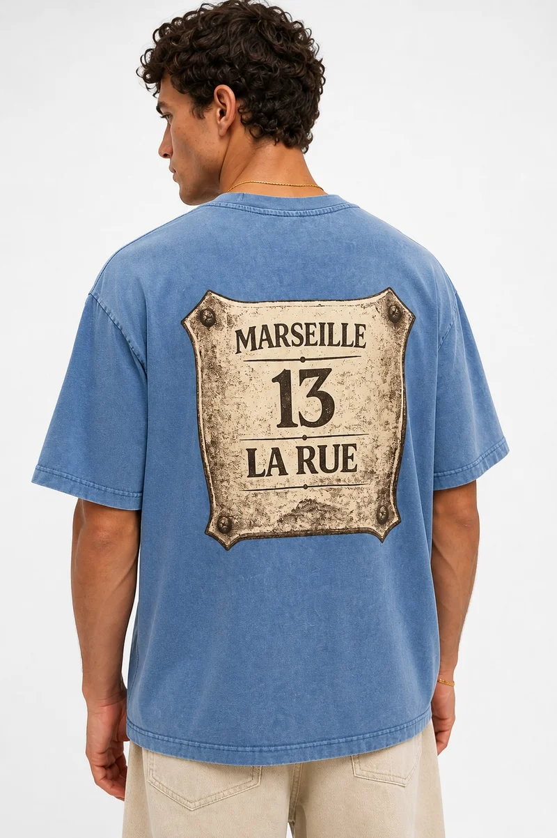 Respire Men's Marseille Print Washed Oversize T-Shirt Baby Blue