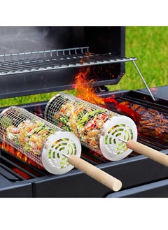 XiuWoo 2 PCS 304 Stainless large capacity Steel Nesting Grill Baskets, Rolling Grilling Net, BBQ Accessories Tools, barbecue cooking accessories with Removable Wooden Handle  - Image 1