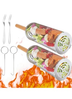 XiuWoo 2 PCS 304 Stainless large capacity Steel Nesting Grill Baskets, Rolling Grilling Net, BBQ Accessories Tools, barbecue cooking accessories with Removable Wooden Handle  - Image 2