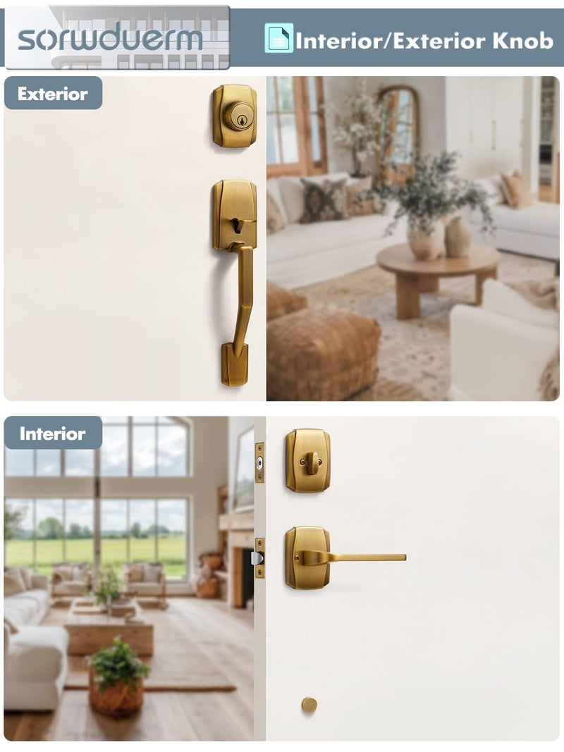 SORWDUERM 1 Pack Antique Brass Entry Door Handle and Deadbolt Set Reversible Lever Bronze Front Handleset with Lock and Key Single Cylinder - Image 4