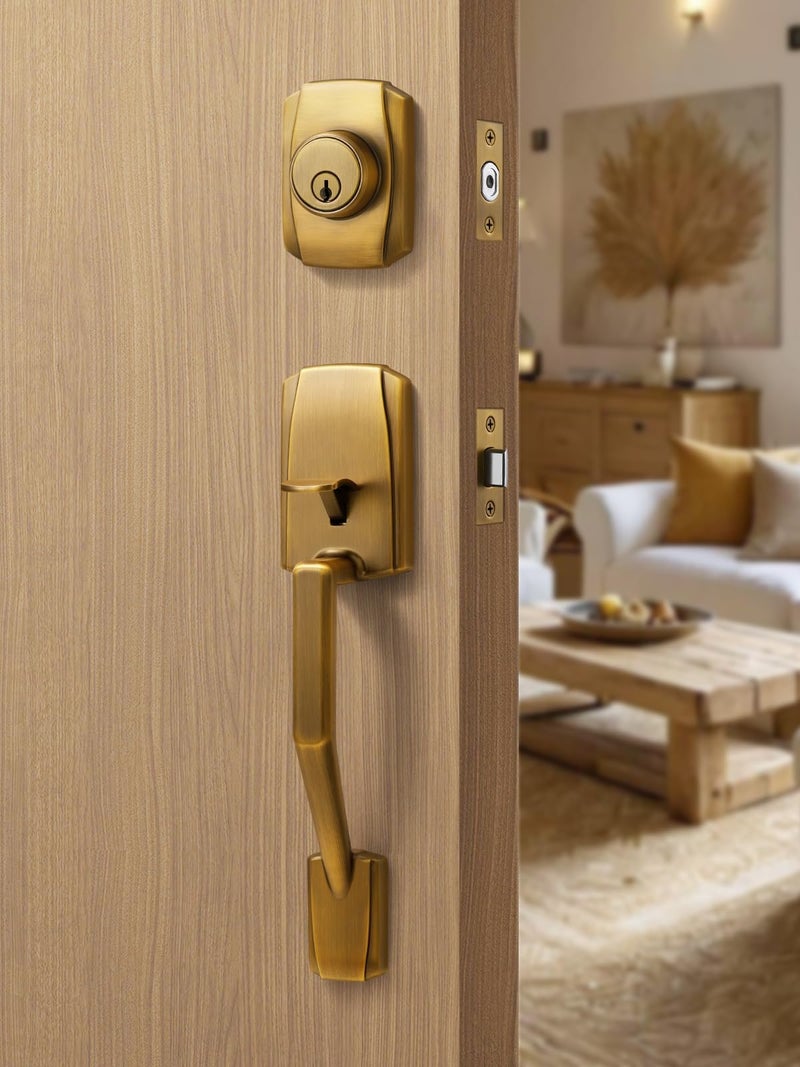 SORWDUERM 1 Pack Antique Brass Entry Door Handle and Deadbolt Set Reversible Lever Bronze Front Handleset with Lock and Key Single Cylinder - Image 2