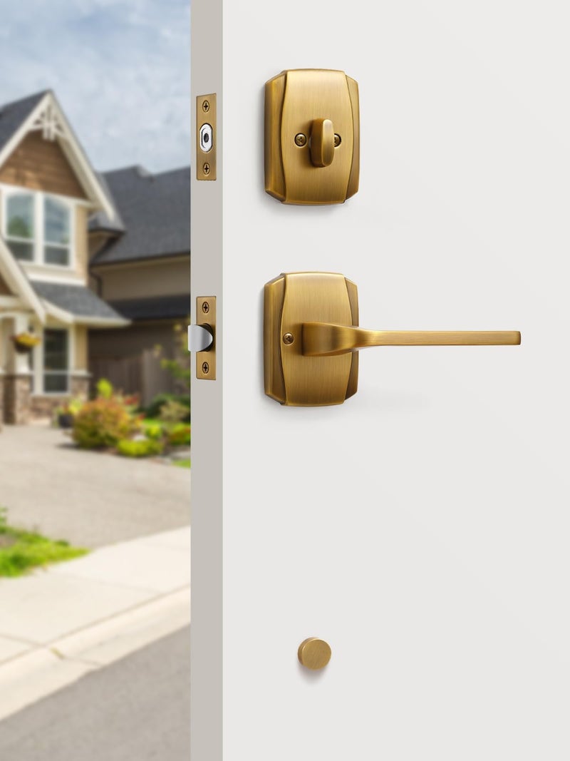 SORWDUERM 1 Pack Antique Brass Entry Door Handle and Deadbolt Set Reversible Lever Bronze Front Handleset with Lock and Key Single Cylinder - Image 3