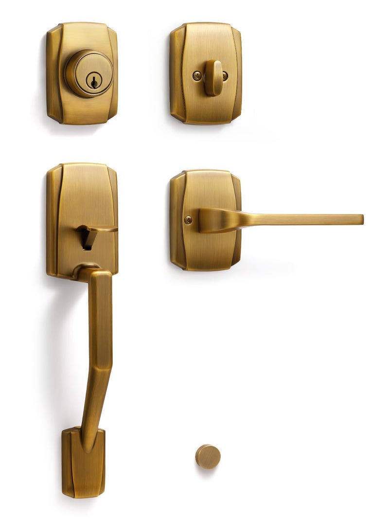 SORWDUERM 1 Pack Antique Brass Entry Door Handle and Deadbolt Set Reversible Lever Bronze Front Handleset with Lock and Key Single Cylinder - Image 1