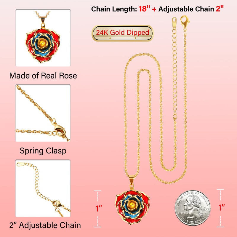 AliveRose Rose Pendant Necklaces Gifts for Women, 24K Gold Dipped Real Rose Dangle Necklace Jewelry - Ideal Gift for Her Wife Mom Anniversaries, Valentines, Birthday, Christmas (Red Blue Yellow) - Image 3